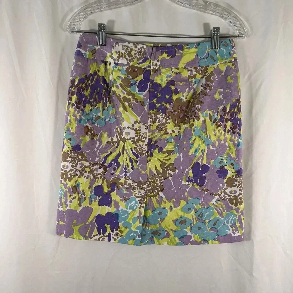 Talbots Skirt Women's 2 Petite Green Purple Cotton Blend Rear Zip Lined
